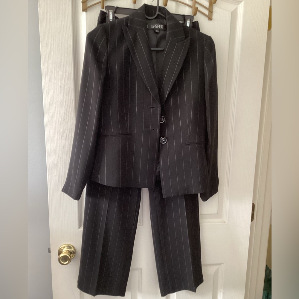 Kasper black pinstriped suit size 2P